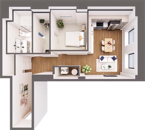 A top down view of a modern apartment with a kitchen, living room and two bedrooms.